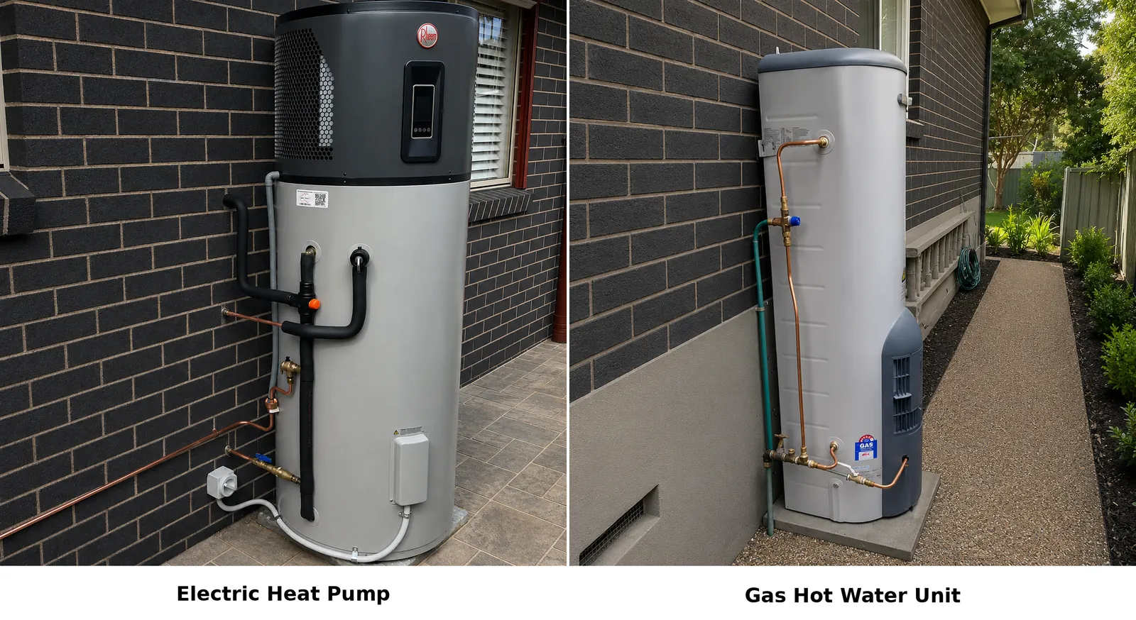 Side by side comparison of an electric heat pump hot water unit and a gas storage hot water unit